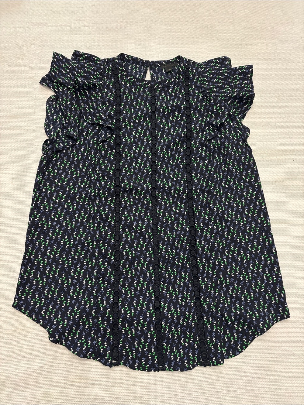Ann Taylor Navy Floral Ruffle Sleeve Blouse